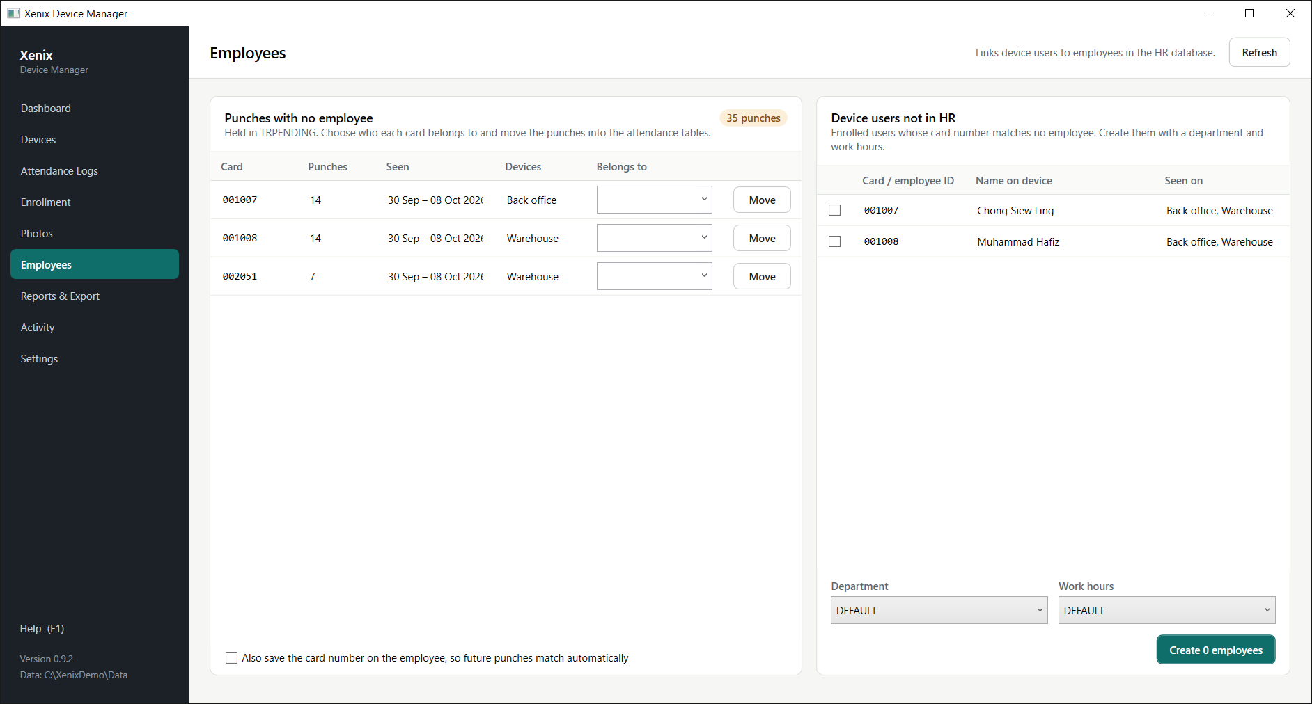 Employees: punches waiting in TRPENDING on the left, device users not yet in HR on the right.