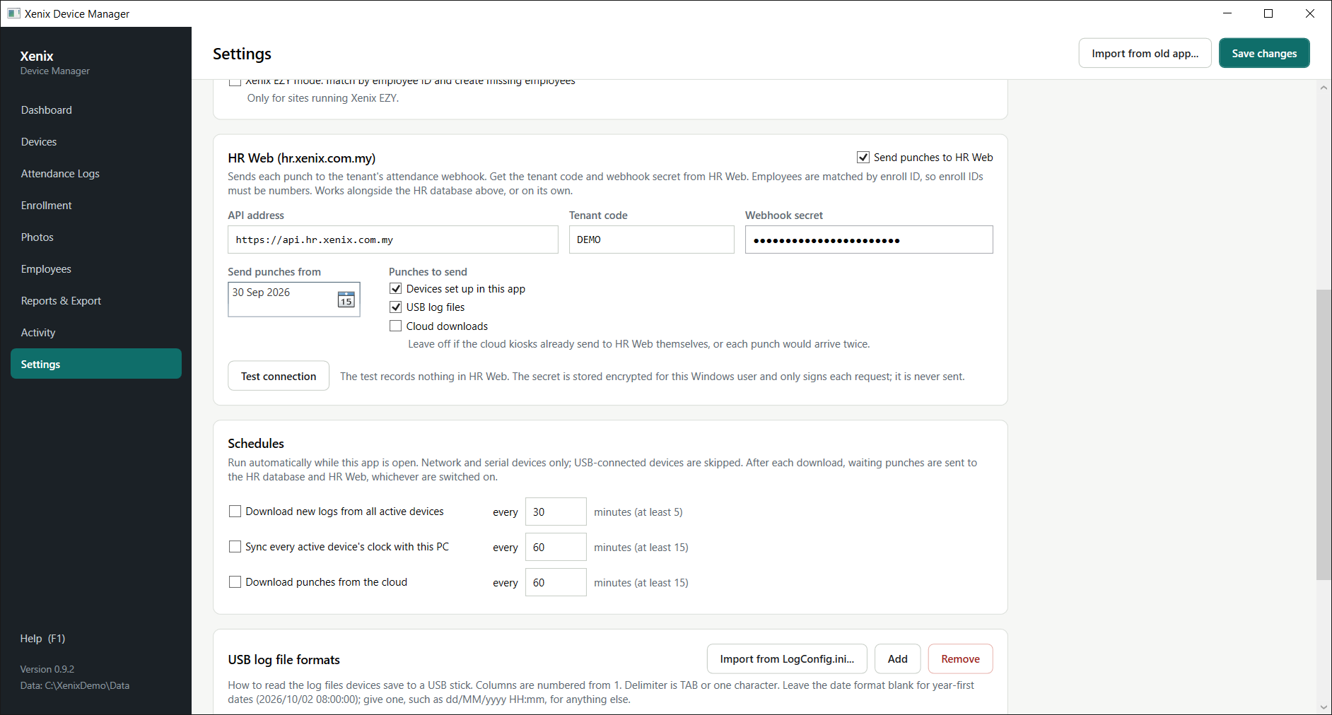 Settings, Schedules and USB log file formats.